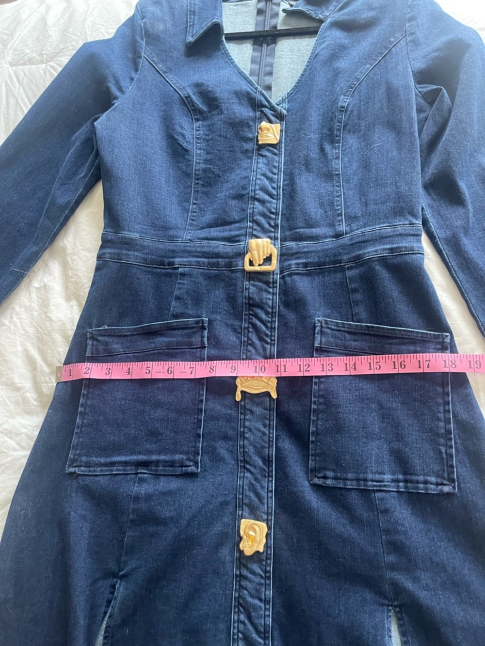 Indigo Denim Maxi Dress w/ Gold Buttons | Tailored Fit | Chic Luxe - Picture 15 of 16